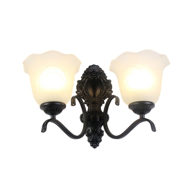 1/2-Head Wall Sconce Light Retro Bedroom Wall Lamp with Carillon/Bell Frosted Glass Shade in Black