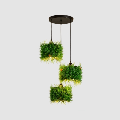 3-Head Iron Ceiling Pendant Rustic Green Drum Shaped Dining Room Plant Suspension Light with Round/Linear Canopy