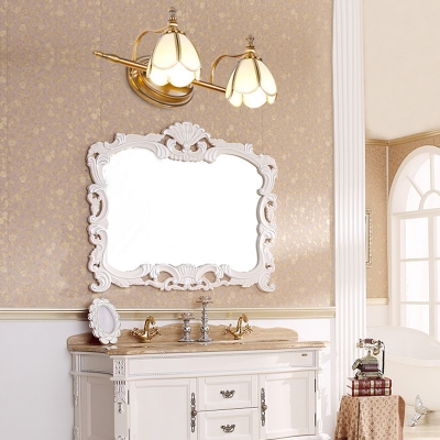 2/3 Lights Scalloped Vanity Lamp Traditional Brass Milk Glass Wall Mount Light Fixture