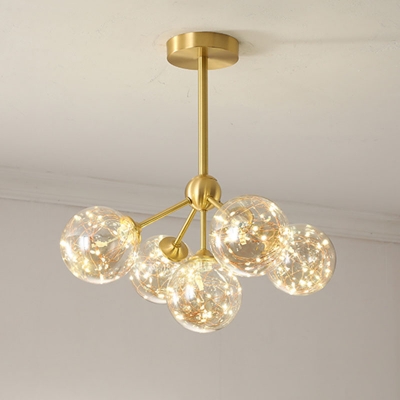 3/4/5 Bulbs Bedroom Firefly Pendant Lamp Nordic Gold Chandelier with Ball Cream/Cognac Glass Shade