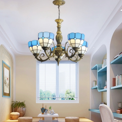 3/5/8 Heads Living Room Chandelier Mediterranean Brass Pendant Light with Bell Blue Glass Shade