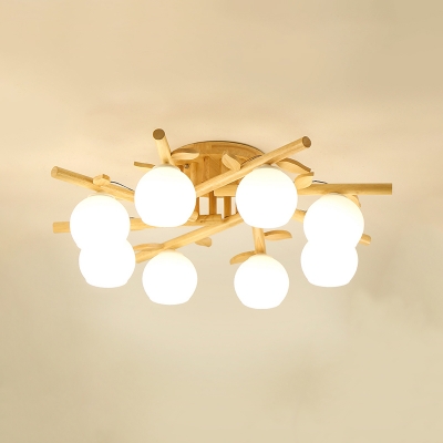 3/5/8 Lights Dining Room Flush Light Nordic Wood Ceiling Mount Chandelier with Dome Milky Glass Shade