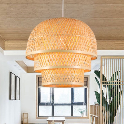 3-Layered Dome Hanging Pendant Asia Bamboo 1 Bulb Dining Room Small/Medium/Large Ceiling Light in Wood