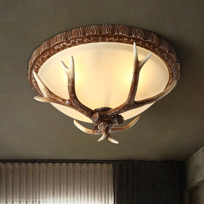3-Light Flush Mount Lamp Rustic Bowl Frosted Glass Flush Ceiling Light with Antler Accent in Brown