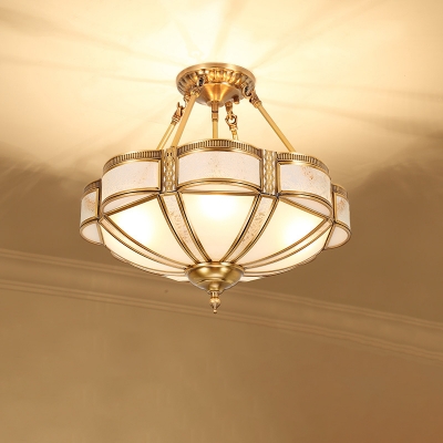 4/6-Bulb Scalloped Dome Ceiling Lighting Colonial Gold Frosted Glass Flush Mount Lamp for Corridor, Flushmount/Downrod
