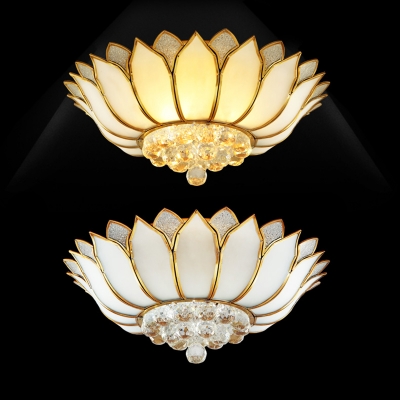 4/6 Heads Lotus Blossom Flushmount Light Traditional Brass Frosted White Glass Ceiling Lighting with Crystal Bottom