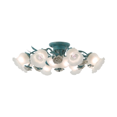 5/7/11 Heads Semi Flush Mount Pastoral Flower Milky Glass Close to Ceiling Light in Pink/Blue
