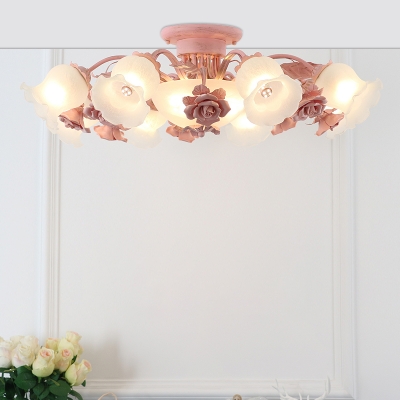 5/7/11 Heads Semi Flush Mount Pastoral Flower Milky Glass Close to Ceiling Light in Pink/Blue