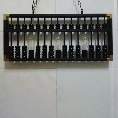 Abacus Restaurant Island Light Fixture Metal 3 Lights Decorative Hanging Pendant in Black/Wood