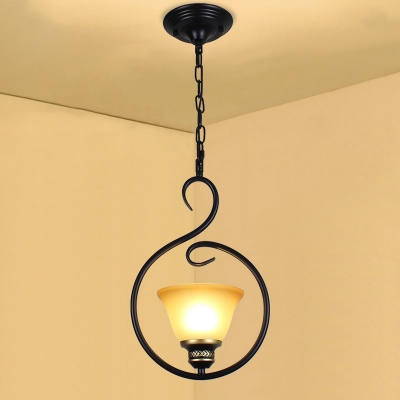 Bell/Flared/Floral Corridor Pendant Light Retro Ivory Glass 1 Head Black Suspension Lamp with Scrolled Arm