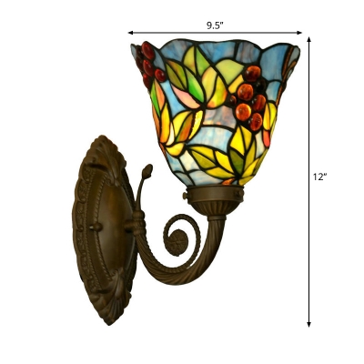 Bell Stained Glass Wall Sconce Tiffany 1 Bulb Bronze Wall Mount Light with Grape and Leaf Pattern