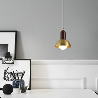 Brass Plated Bowl Pendant Lamp Post-Modern 1 Bulb Metal Ceiling Light with Wood Top, Small/Large