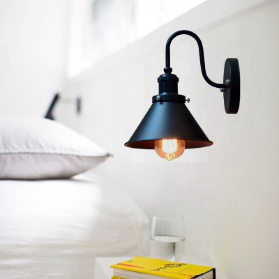 Bulb Gooseneck Wall Lighting Loft Cone/Scalloped Metal Wall Mount Light in Black for Bedroom