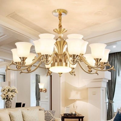 Carillon Living Room Ceiling Pendant Frosted White Glass 6/8/10-Light Modern Chandelier in Brass