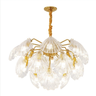 Clear Crystal Scallop Chandelier Coastal 15/20 Lights Living Room Ceiling Pendant in Gold