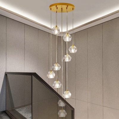 Clear Cut Crystal Ball Suspension Light Modernism 10/15/20-Light Multi Pendant Ceiling Light in Brass