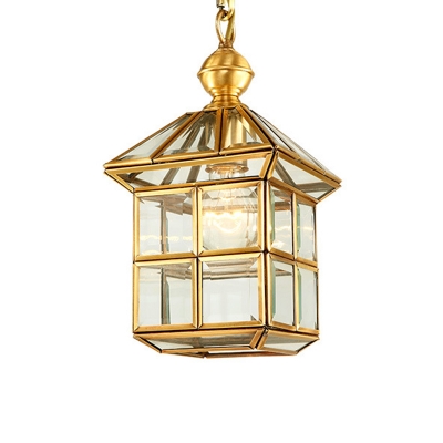 Clear Glass House Shaped Hanging Lamp Traditional 1-Light Dining Table Down Lighting Pendant in Gold