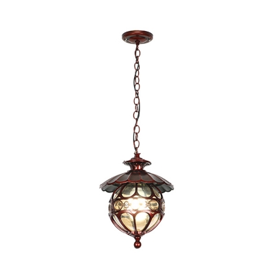 Cognac Glass Globe Pendant Lighting Rustic 1 Bulb Patio Hanging Light with Scalloped Cap in Red/Bronze