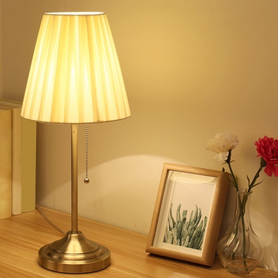 Conical Pleated Fabric Nightstand Light Modern 1 Bulb Gold/Bronze Pull Chain Table Lamp