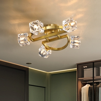 Crystal Cubic Ceiling Flush Light Post-Modern 2/5/8 Lights Corridor Semi Flush Mount Lamp in Antiqued Gold