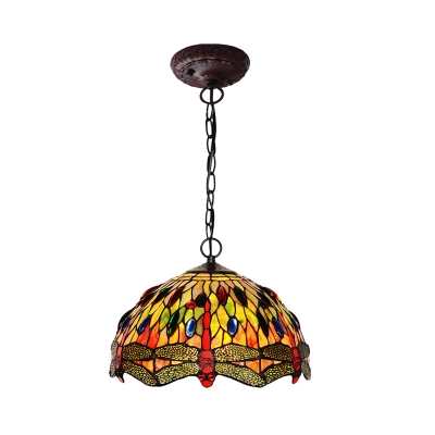 Cut Glass Jeweled Dome Pendant Tiffany 1 Light Green Ceiling Hang Lamp with Dragonfly Pattern