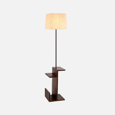 Drum Bedside Reading Floor Lamp Fabric Single Nordic Floor Light with Wood Shelf in Beige/Brown