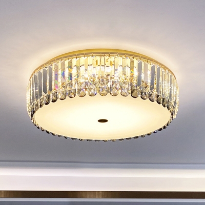 Drum-Shape LED Ceiling Lighting Modern Clear Crystal Gold Finish Flush Mount for Living Room, 15