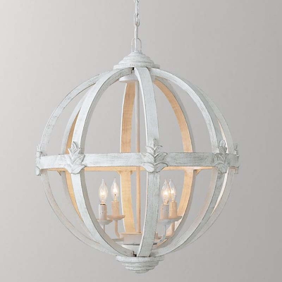 French Country Spherical Chandelier 4 Bulbs Wooden Ceiling Pendant Light in White/Distressed White