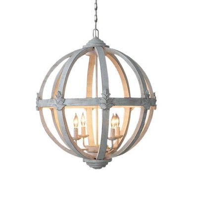 French Country Spherical Chandelier 4 Bulbs Wooden Ceiling Pendant Light in White/Distressed White