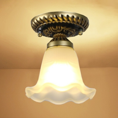 Frost Glass Bronze Ceiling Lamp Bell/Ruffle/Flower Shaped 1 Bulb Traditional Semi Flush Light Fixture