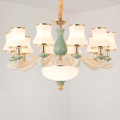 Frosted Glass Mint Green and White Drop Lamp Flared 3/6/8 Lights Traditional Hanging Chandelier