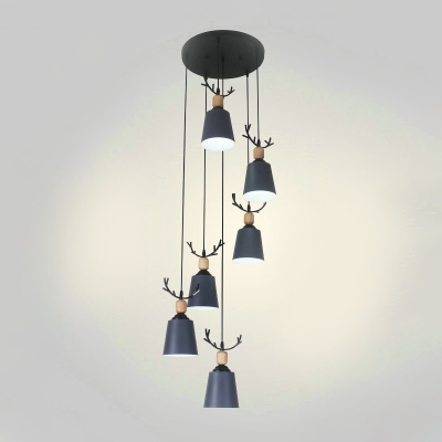 Macaron Tapered Cluster Pendant Metal 6 Bulbs Dining Room Hanging Lamp in Black/White/Grey with Antler Top