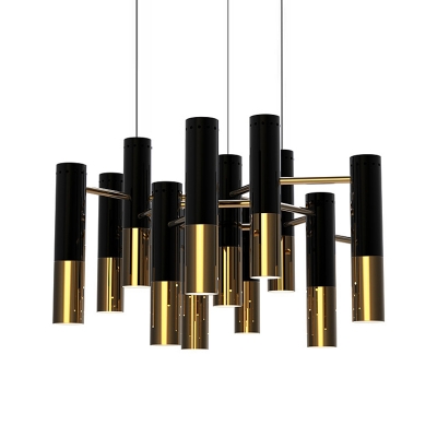 Metal Tubular Chandelier Postmodern 13 Heads Black and Brass Ceiling Hanging Light over Table