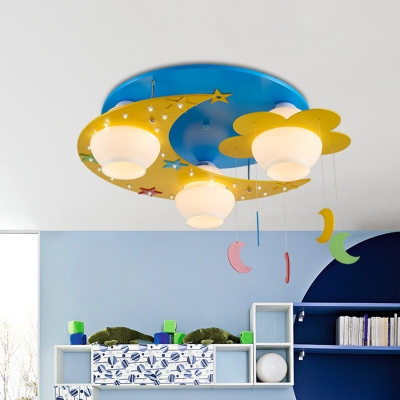 Moon and Flower Flush Light Kids Hand-Blown Cream Glass 3-Head Blue Ceiling Mounted Lamp