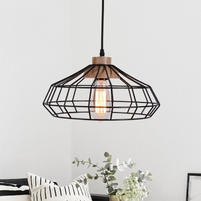 Rustic Round Cage Hanging Light 1 Bulb Iron Suspended Lighting Fixture in Black with Wood Socket