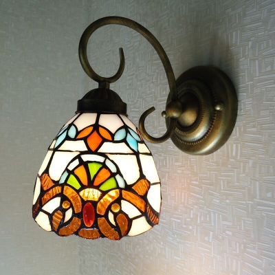 Single-Bulb Bell Wall Light Tiffany Yellow Hand-Cut Glass Sconce with Brass Swirl Arm