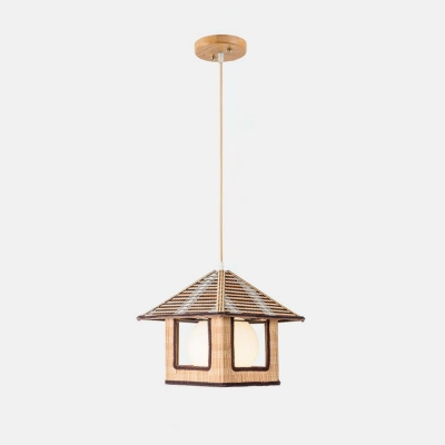Small/Large House Shaped Ceiling Light Japanese Bamboo Single Wood Pendant Lighting with Inner Dome White Glass Shade