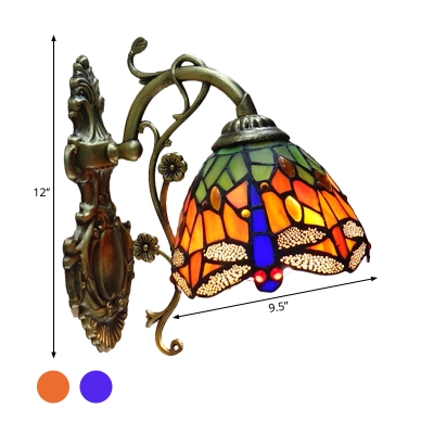 Stained Glass Blue/Orange Sconce Lamp Dragonfly 1-Bulb Tiffany Wall Mounted Light with Gem-Like Cabochon