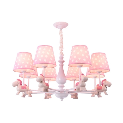 Star Print Fabric Conical Chandelier Cartoon 3/5/8 Heads Pink Hanging Light with Horse Decor