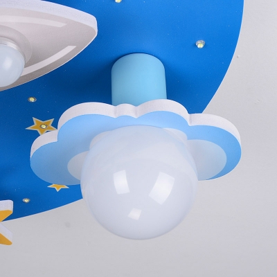 Starry Night Rocket Ceiling Light Kids Wood 8-Head Childrens Bedroom Flush Mount in Blue