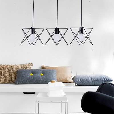 Triangular Iron Multi-Light Pendant Loft Style 3-Head Living Room Ceiling Hang Lamp in Black