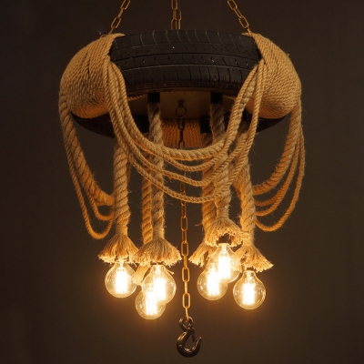 Tyre Beer Bar Ceiling Pendant Farmhouse Natural Rope 5-Bulb Black and Beige Chandelier Light