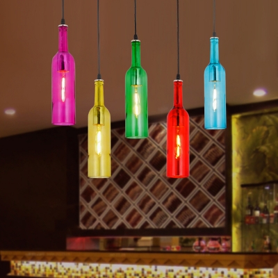 Wine Bottle Bistro Cluster Pendant Multicolored Glass 5 Lights Decorative Hanging Ceiling Light