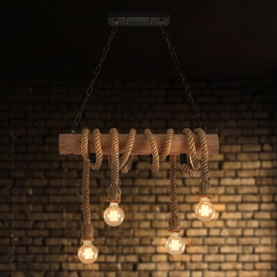 Wood Beam Hanging Island Light Cottage 4-Light Restaurant Drop Pendant with Dangling Rope in Brown