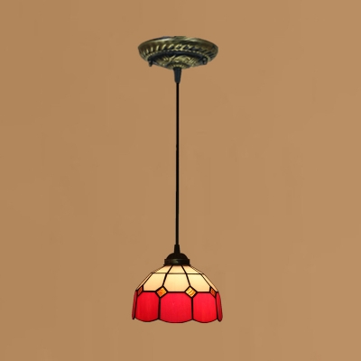 1-Head Dining Room Drop Pendant Baroque Bronze Hanging Lamp with Bowl Red/Pink/Blue Glass Shade