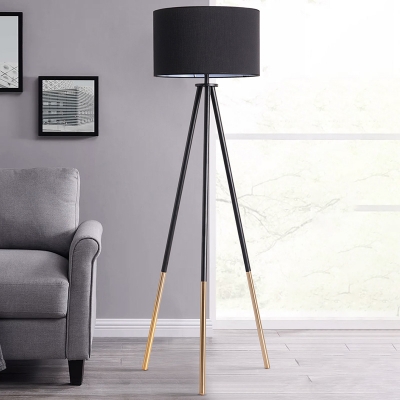 1-Light Drum Floor Standing Light Nordic Black/White/Flaxen Fabric Tripod Reading Floor Lamp for Living Room