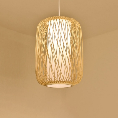 1-Light Restaurant Ceiling Pendant Asian Wood Suspension Lamp with Gourd/Pear/Drum Bamboo Shade