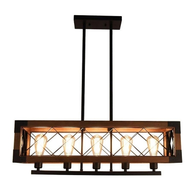 5-Bulb Cuboid X-Cage Drop Pendant Country Black Wood Hanging Island Light for Dining Room