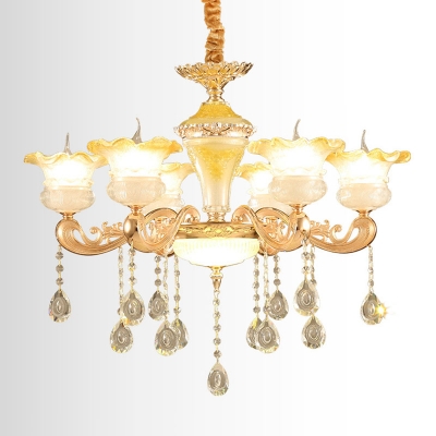 6/8/15 Lights Up Chandelier Contemporary Ruffle Frost Glass Ceiling Hang Lamp in Gold with Clear Crystal Drop