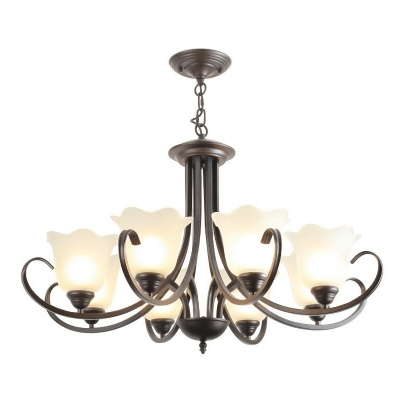 6/8/9-Bulb Hanging Chandelier Traditional Flower Opal Frosted Glass Pendant Light with Scroll Arm in Black/Gold